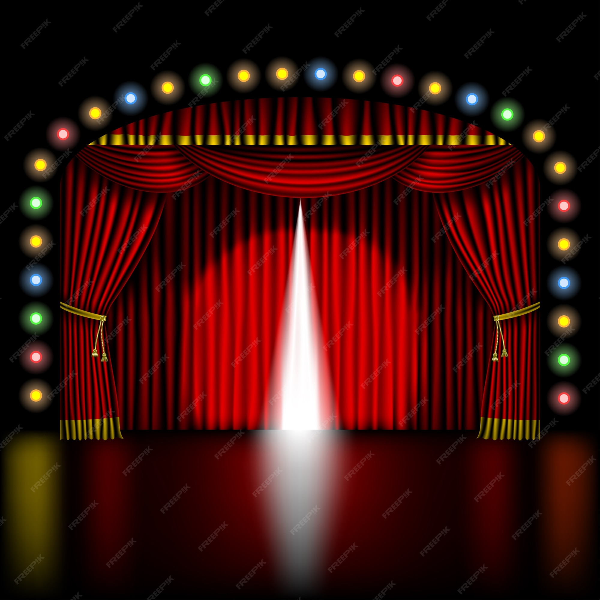 Premium Vector | Stage with opening red curtain and lights