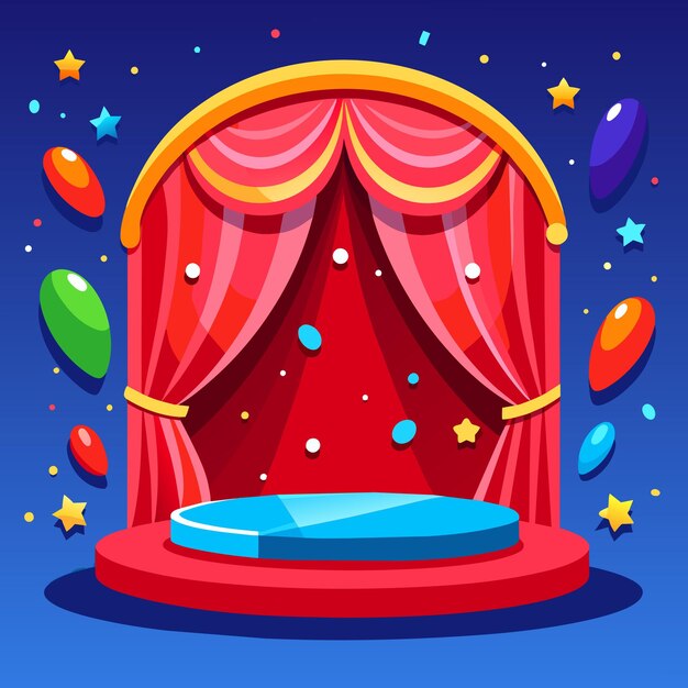 Vector stage with red curtain and falling confetti vector illustration