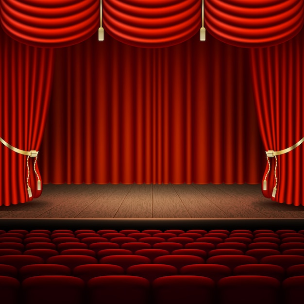stage with red curtain.  