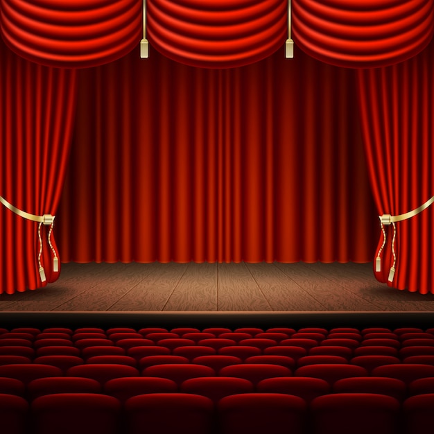 Stage with red curtain.