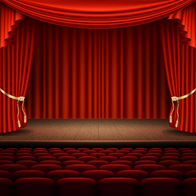 Stage with red curtain.