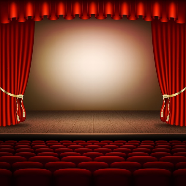 Stage with red curtain.