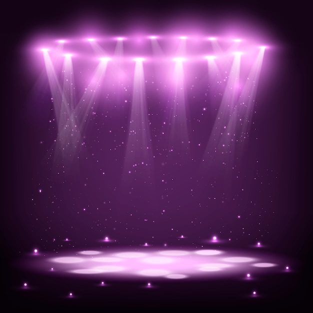 Vector stage with spotlights and spark rain.