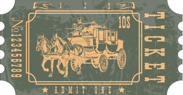 stagecoach ticket in vintage style with the image of an old horse drawn omnibus