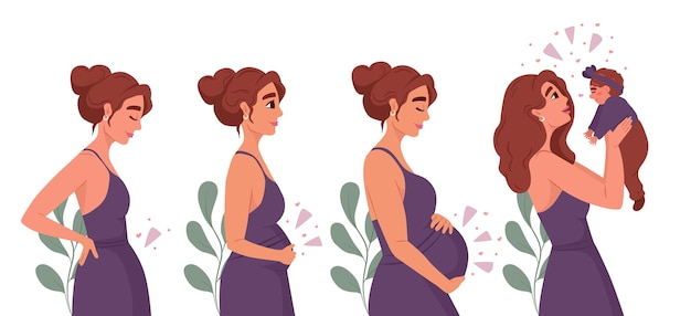 Vector stages of pregnancy pregnant woman waiting baby motherhood and maternity concept cartoon parent family love beautiful female birth expecting purple dress white background vector illustration