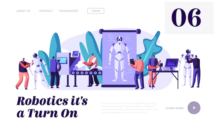 Vector stages of robots creation. engineering robotics process in science laboratory with hi-tech equipment landing page template