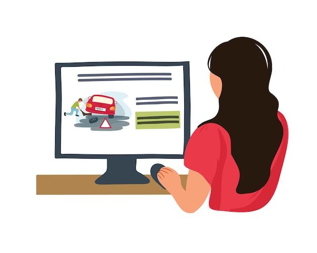 Stages of training in a driving school. A woman chooses an answer to an online test question.