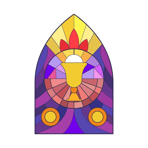 stained glass gothic arch church window golden bowl inside round frame pattern