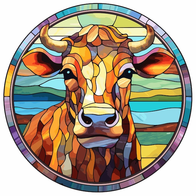 Vector stained glass painting of a bison with a colorful pattern