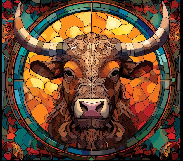 Vector stained glass painting of a bison with a colorful pattern