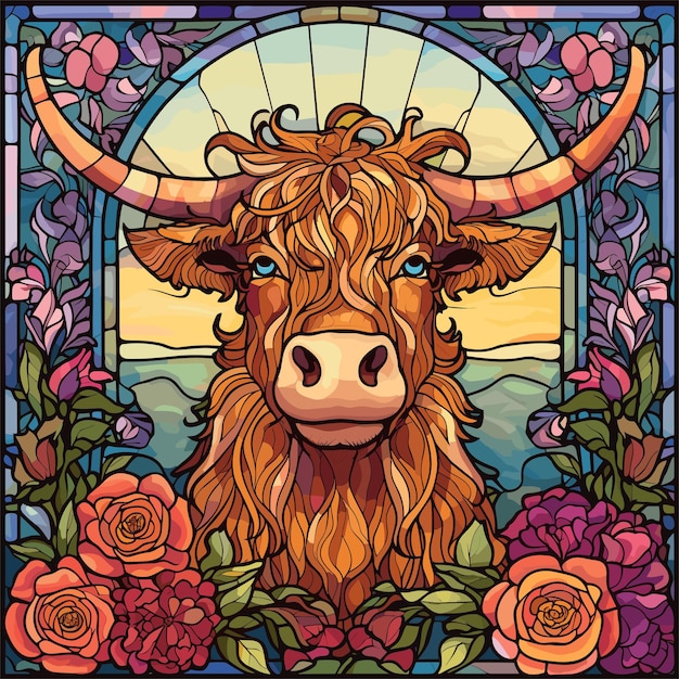 stained glass painting of a bison with a colorful pattern