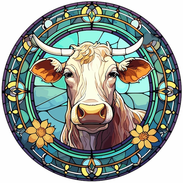 stained glass painting of a cow with a colorful pattern farm landscape