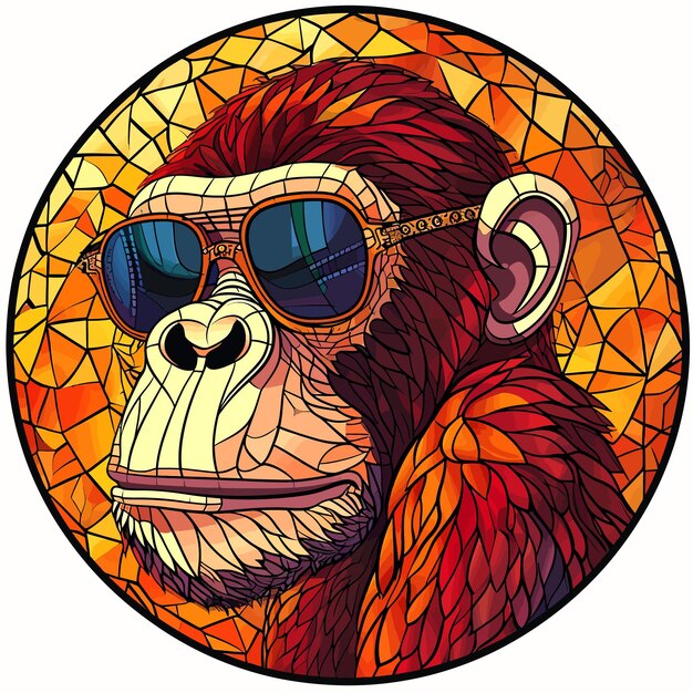 Vector stained glass vectorstyle image of colored street style monkey in sunglasses realist