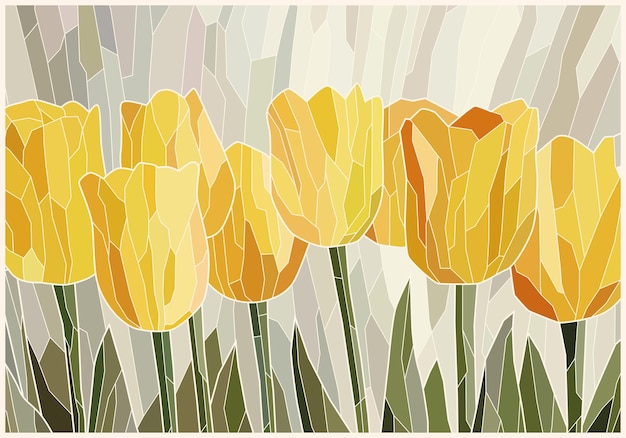 Stained glass yellow tulips on gray scenic background