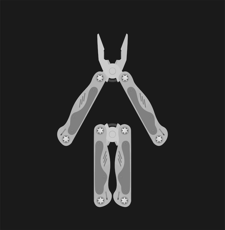 Vector stainless steel multifunctional pocket multi tool instrument flat illustration isolated on white