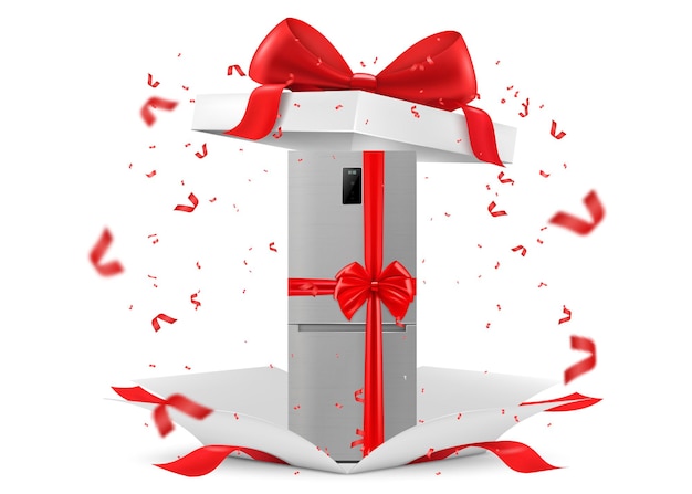 Stainless Steel Refrigerator with red ribbon and bow inside open gift box Gift concept Kitchen appliances Isolated 3d vector illustration 3D rendering