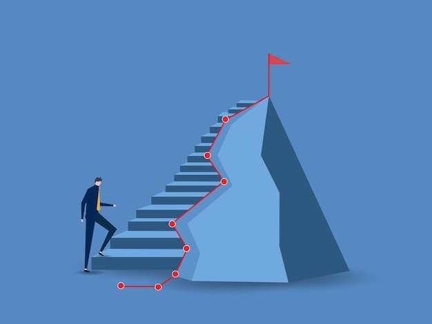 Stair and mountain top flag ladder path goal achievement success and winning concept vector illustration