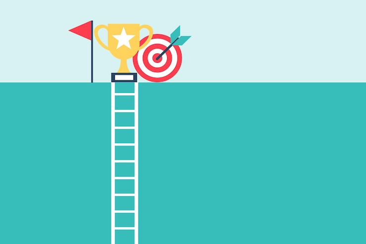Vector stair up to goal success with copy space business target mission complete trophy dartboard