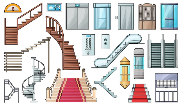 Vector staircase en lift vector kleurenset icoon vector illustratie trap en roltrapicon geïsoleerde kleur houten van metaal trap op witte achtergrond