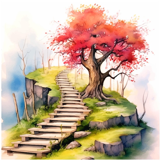 Stairs leading to the tree watercolor paint ilustration