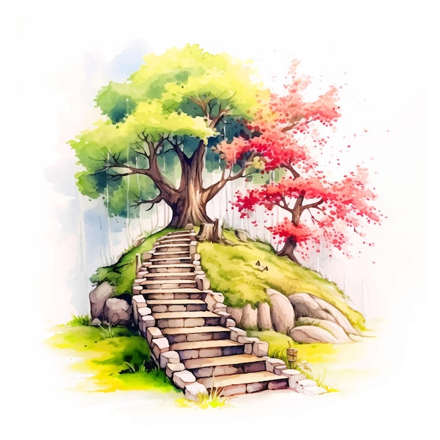 Stairs leading to the tree watercolor paint ilustration