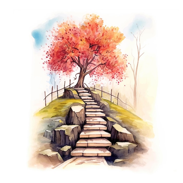 Stairs leading to the tree watercolor paint ilustration