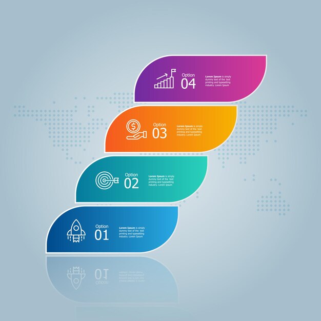 Stairs steps infographic presentation element report with business icons 4 options background vector illustration