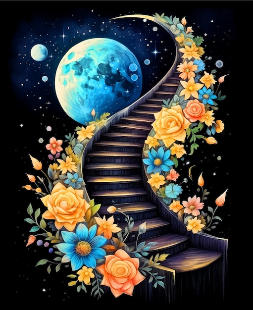 Вектор Лестница на луну в окружении цветов акварельной краски