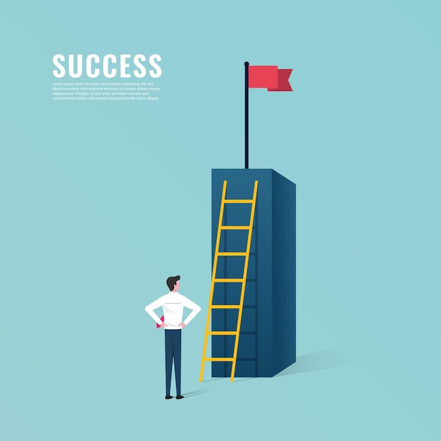Лестница для концепции успеха с бизнесменом, направляющимся к вершине. векторная иллюстрация