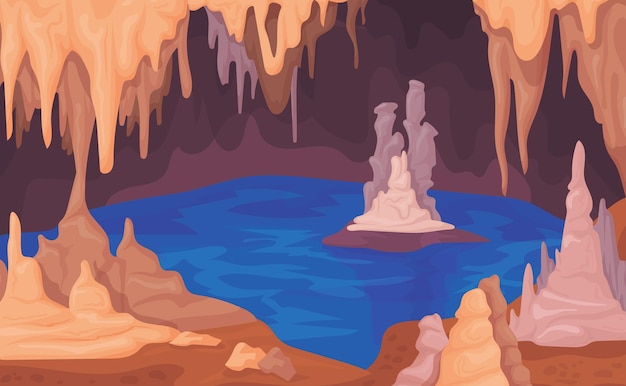 Grotta di stalagmiti caverna oscura all'interno di sfondo cartone animato con stalagmiti stalattiti calcare naturale soffitto e pavimento gioco di grotte sotterranee spaventose illustrazione vettoriale di pietra di caverna di roccia di grotta