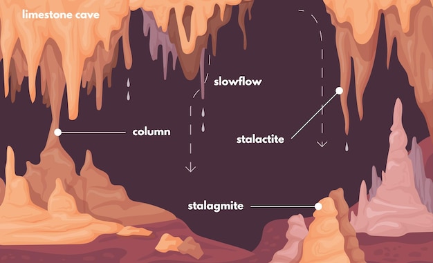 Сталагмитовая инфографика сталагмитовые образования естественная сталактитовая колонна внутри подземной красивой пещеры морозный камень камень земля пещера пейзаж текст векторная иллюстрация пещерной сталагмитовой скалы