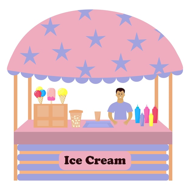 Vector stall counter with ice cream. male seller is standing behind the counter.  ice cream street market.