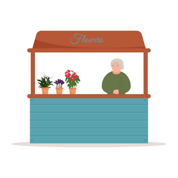 Stall counters. food market counter with flowers on shelves. kiosk on white background