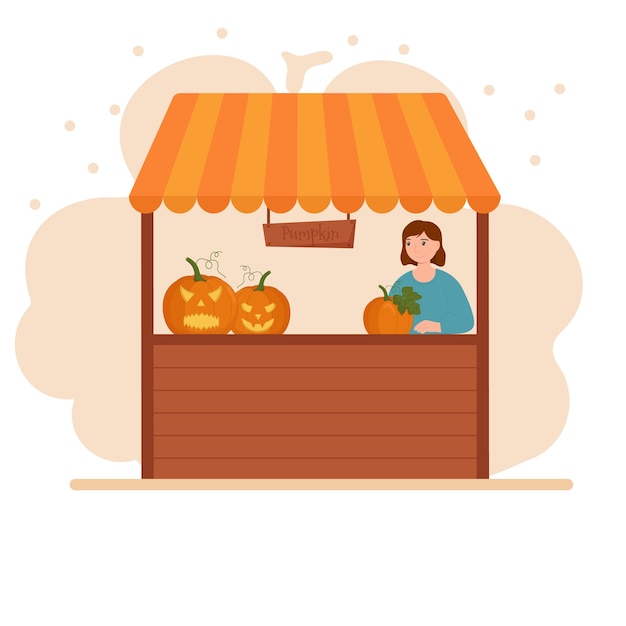 Stall Counters. Food market counter with pumpkins on shelves. Kiosk on white background