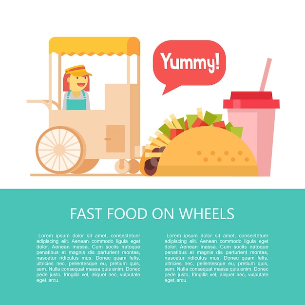 Stall sells tacos and milkshake on the street. Fast food. Delicious food. Vector illustration in flat style. A set of popular fast food dishes. Illustration with space for text.