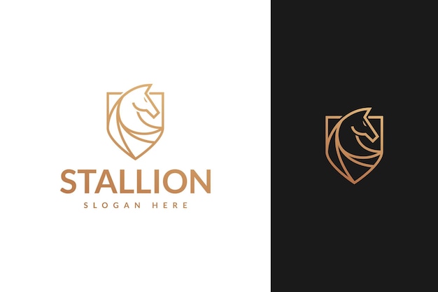 スタリオン馬の頭と盾のラインアウトラインモノラインスタイルのロゴデザインベクトル