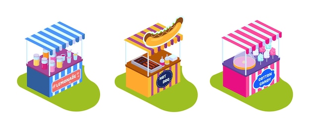 Stalls showcases with street food market drinks sweets Street stall with kiosk lemonade shop hot dogs city fast food sweet ice cream Children's game park of attractions Isometric vector