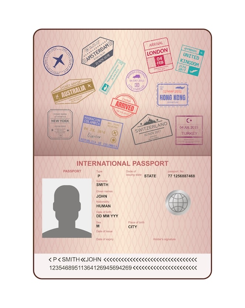 벡터 열린 여권, 국제 도착 비자 스탬프 벡터 세트를 여행하기 위해 여권에 스탬프를 찍습니다.