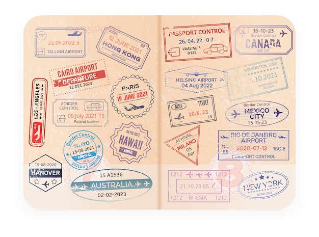 Timbro sul passaporto per viaggiare un passaporto aperto, documento con filigrane, visti