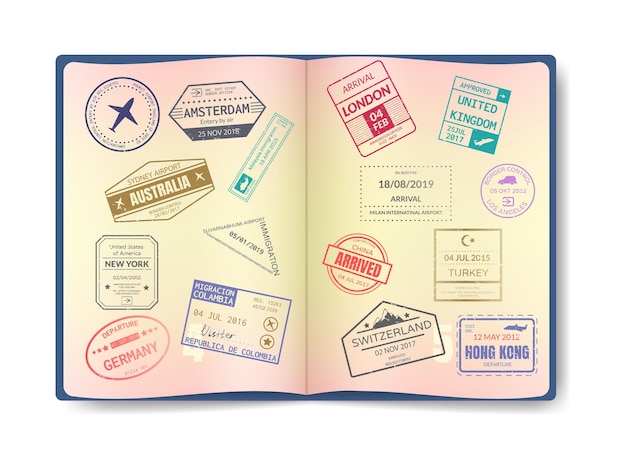 Vettore timbro sul passaporto per viaggiare con un passaporto aperto, set di vettori di timbri per il visto di arrivo internazionale.