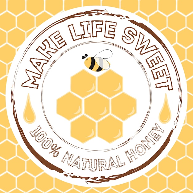 밝은 노란색으로 만든 손으로 그린 벌집 꿀과 꿀벌이 있는 스탬프 인생을 달콤하게 만드세요