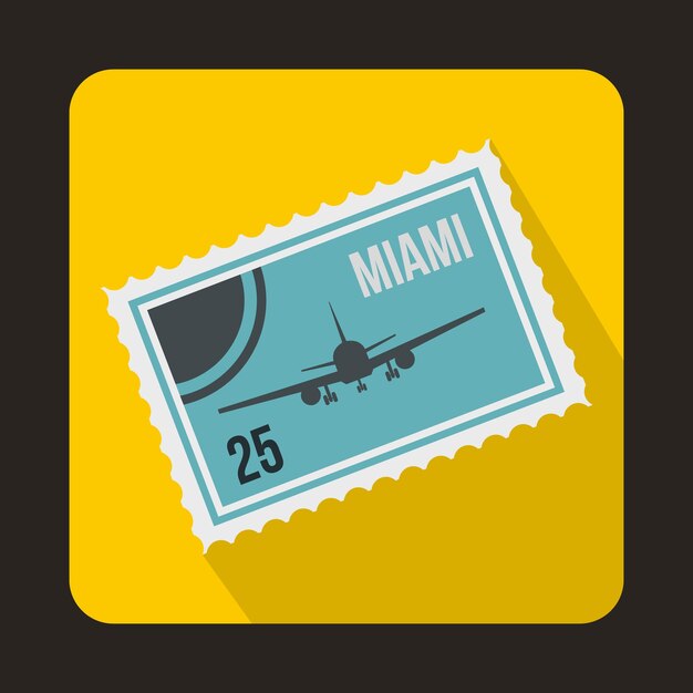 黄色の背景に平らなスタイルで飛行機とテキストマイアミの内部アイコンでスタンプ