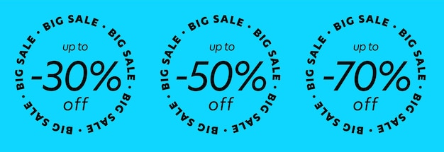 Stamp with up to 30, 50 and 70 percent off big sale offer. ink insignia discount print set with commerce proposition for cheap shopping vector illustration isolated on blue background