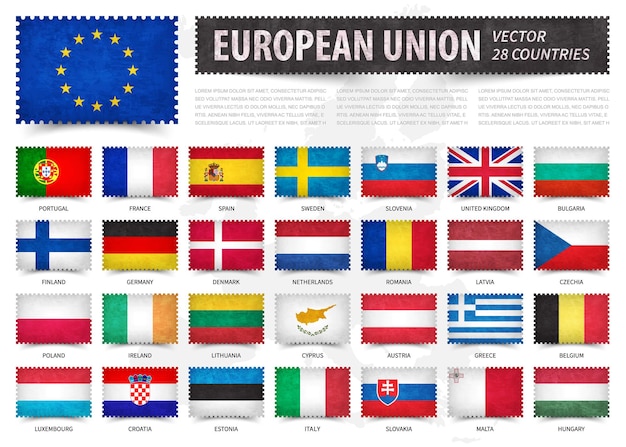 Set di francobolli di bandiere ufficiali dei paesi dell'unione europea