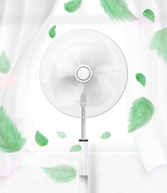 Vector stand fan moving the air with flying green leaves