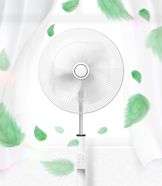 Стенд-вентилятор, движущийся по воздуху на трехмерной иллюстрации, отвесная занавеска и зеленые листья, дующие в воздух