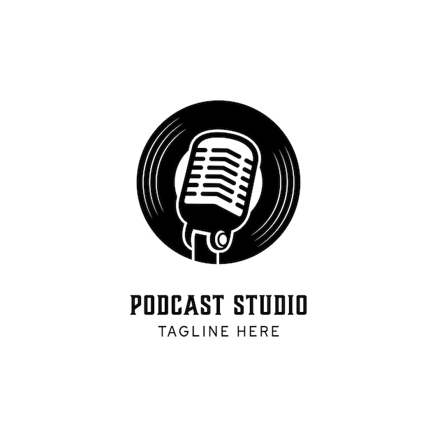 Vettore microfono con supporto per microfono con registrazione su disco per l'ispirazione del modello di progettazione del logo di podcast studio