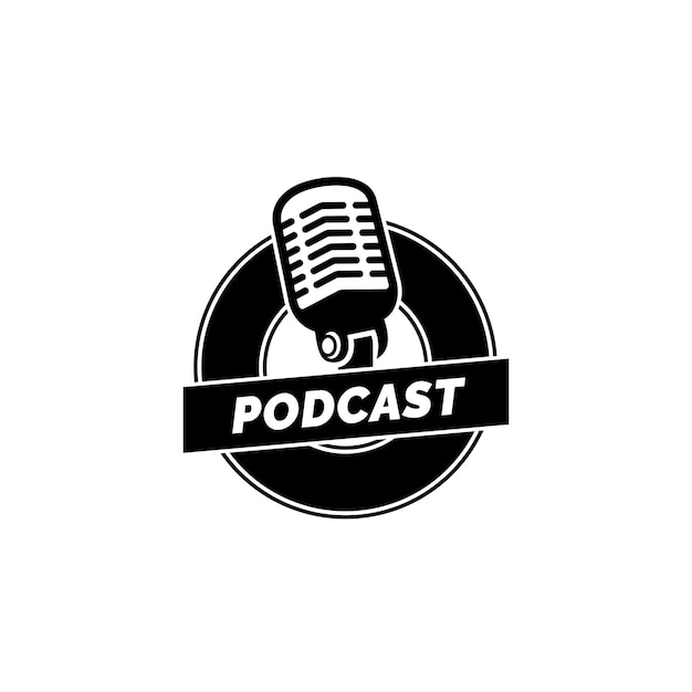 Vettore microfono con supporto per microfono con registrazione su disco per l'ispirazione del modello di progettazione del logo di podcast studio