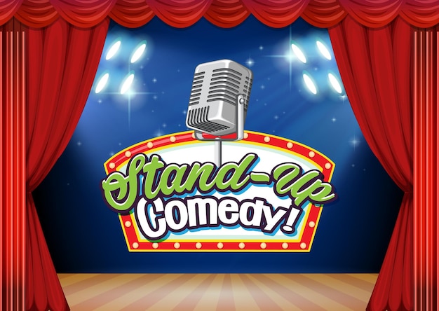 Vettore stand up comedy banner design con sfondo di tende rosse