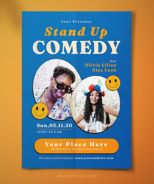 Stand up volantino commedia su sfondo blu